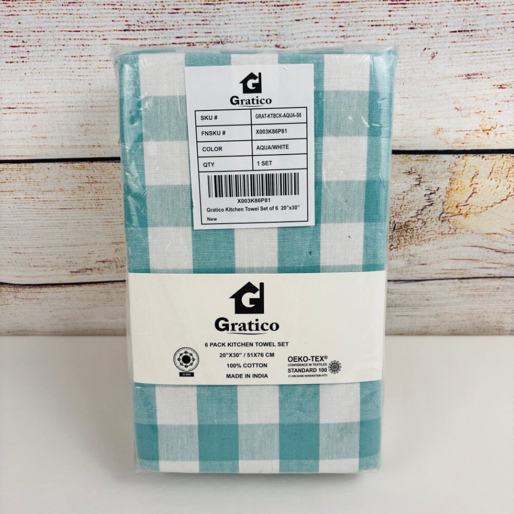 Gratico Kitchen Towels Checkered Aqua White Set of 6 20"x30" Cotton